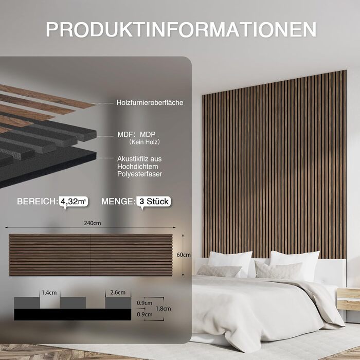 Акустична настінна панель з натуральним шпоном Темний горіх, 240x60x1.8 см, 1 шт (1,44 м²) для студії, вітальні та офісу