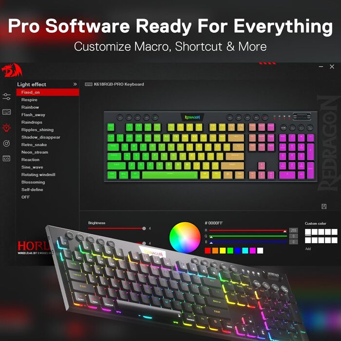 Redragon K618 Horus - Механічна ігрова клавіатура з RGB підсвічуванням, 3 режими підключення (BT/2.4GHz/кабель), плоскі клавіші, лінійні червоні перемикачі, медіа-керування