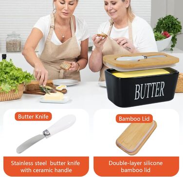 Porcelain butter dish with lid, airtight silicone butter keeper for butter, nuts, cheese, plus butter spreader.