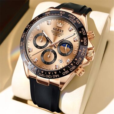 Чоловічий годинник OLEVS з хронографом, діамантами, календарем, водонепроникний (чорний ремінець, червоно-золотий циферблат)