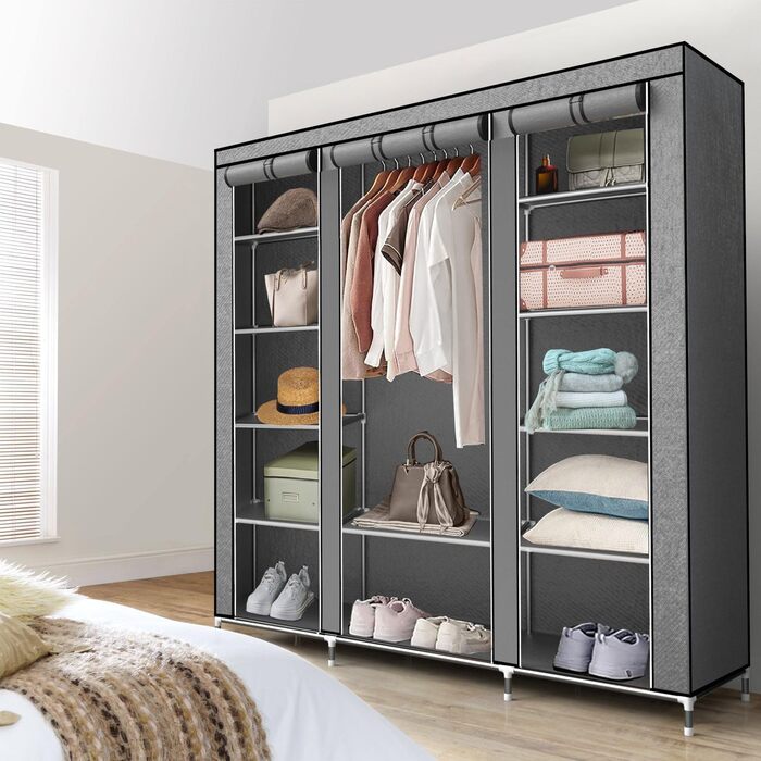 INTIRILIFE Folding Wardrobe 150x175x45 cm - with Zipper Fabric Wardrobe Closet with Clothes Rail, Compartments and Side Pocket - Camping Pop-up Storage Cabinet Textile Wardrobe (Ash Grey)