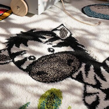 Paco Home Children's Rug, Children's Room, Jungle Animals, Giraffe, Lion, Monkey, Zebra, Beige, Cream, Size: Ø 120 cm Round