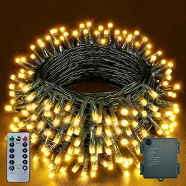 Ланцюжок прикрас (гірлянда) на батарейках, 30м, 300 LED, для внутрішнього та зовнішнього використання, з таймером, 8 режимів, водонепроникна, тепле біле світло, зелений кабель, для декору на Різдво, в сад, на вечірку