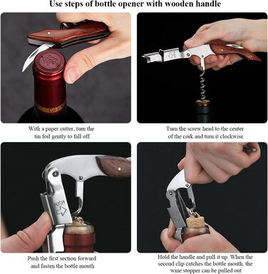 Kyraton Відкривачка для вина 3-в-1 з різаком для фольги, нержавіюча сталь, дерев'яний грифель, професійна для барів та ресторанів, набір (1 шт.)
