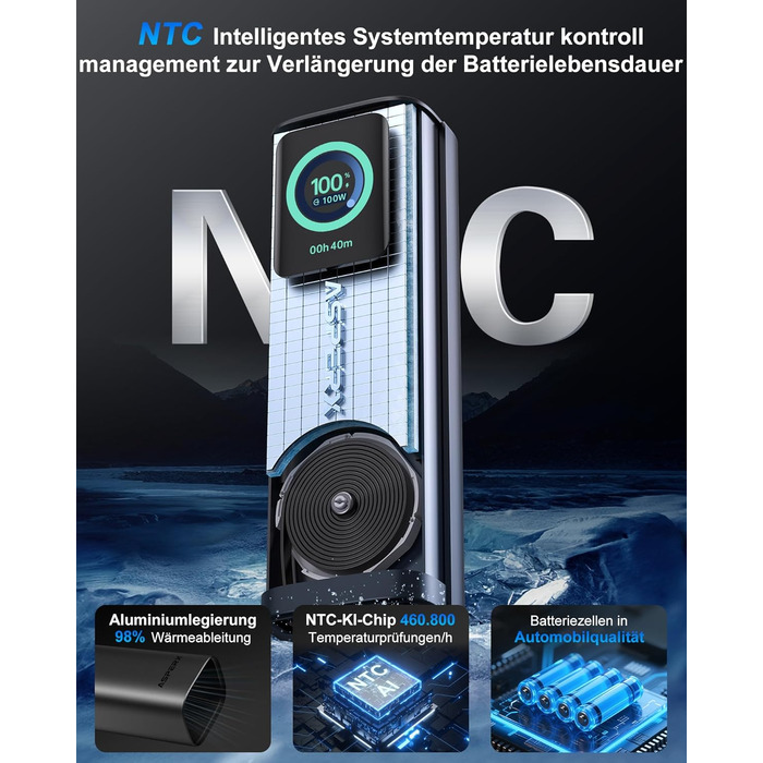 Power Bank AsperX 20000mAh 165W з USB-C кабелем, сумісний з MacBook, Dell, HP, Lenovo, iPad, iPhone, Galaxy