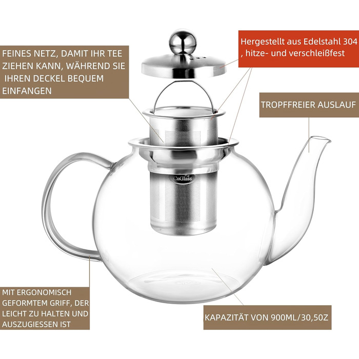 Скляна чайниця CNGLASS 600мл/20.3oz з ситом, стійка до плити, для листового та квіткового чаю
