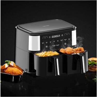 Фритюрниця VERTENZ Taste 90 9л з подвійною камерою, аерофритюрниця без олії, 8 програм, 2600 Вт, антипригарне покриття, чорна