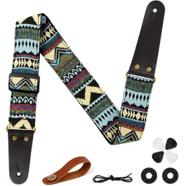 Гітарний ремінь Vintage з вишитою бавовною, регульований, з шкіряними кінцями, для бас-гітари, електро- та акустичної гітари, з кнопкою та 2 фіксаторами, 4 медіатори #1 смужка