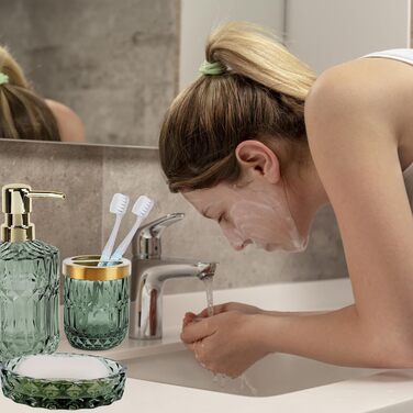 Набір аксесуарів для ванної кімнати NZZVNZ, 5 шт. - зелене скло, набір мильниць, дозатор мила, тримач для зубних щіток, контейнер для ватних паличок, склянка, декор для ванної кімнати, вінтажний подарунок