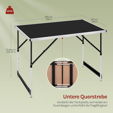 Стіл для кемпінгу та відпочинку Woltu: розкладний, регульований, 100x60 см, алюміній та MDF (Чорний)