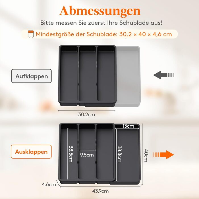 Органайзер для столових приборів Lifewit в шухляду, розширюваний 43.9 см, чорний, 30-44x40x4.6 см