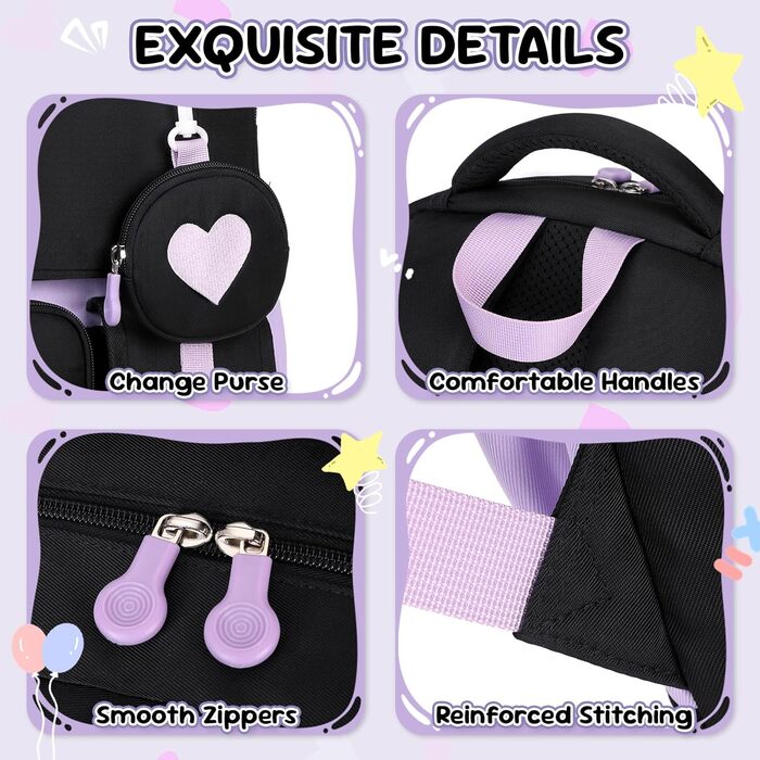 Шкільний рюкзак для дівчаток 1-5 класів з милим брелоком, стильний рюкзак для школи та подорожей, чорний