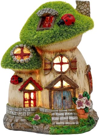 TERESA'S COLLECTIONS Outdoor Garden Decor, Garden Decoration, Fairy House Garden Decor, fairy garden, Mushroom, made of resin, with solar lamp, Green, Balcony, Autumn decor, Autumn Decoration, 16cm