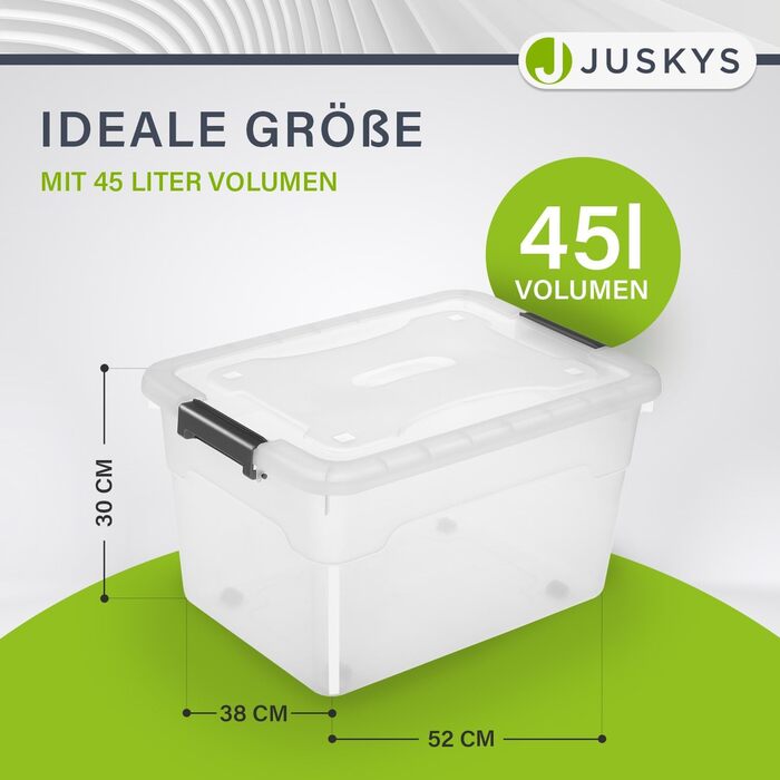 JUSKYS Storage Box with Lid - Set of 4 Plastic Boxes, 45L - Large Box, Stackable, Transparent - Storage Organization System Storage Boxes (Set of 6 - 45 Liters)
