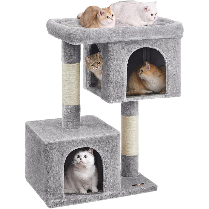 Feandrea Cat Tree, 84 cm Cat Tree, L, Cat House for Large Cats up to 7 kg, Large Platform, 2 Cat Caves, Sisal Posts, PCT61W (XL (68 x 48 x 101 cm), Light Grey)