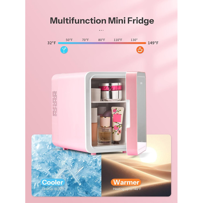 Міні-холодильник 6 л, 9 банок, портативний кулер/грілка, рожевий (дзеркальний)