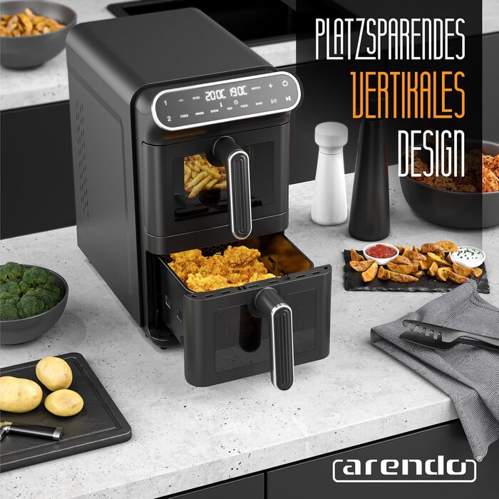 Фритюрниця Arendo з гарячим повітрям XXL Dual Zone з 2 камерами – 11 л – 2 зони – Airfryer з подвійними камерами та вікном – 6 програм – Без BPA – 3D циркуляція повітря – Функції Sync та Match A: 11 літрів