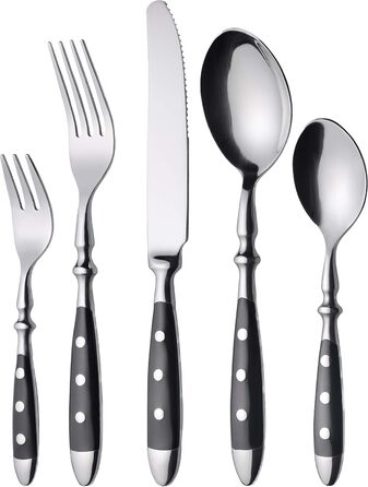 GRÄWE Stainless Steel Cutlery Set for 6 People, Heavy, Rustic, 30-Piece Table Cutlery Set, Forged Cutlery with Black Handles - Nuremberg Series 30-Piece | 6 People