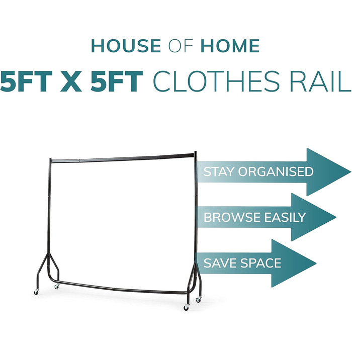 House of Home Robust Metal Clothes Rail with Wheels – 1-Tier Replacement for a Wardrobe with a Single Rail – Clothes Rack for Hanging – Storage