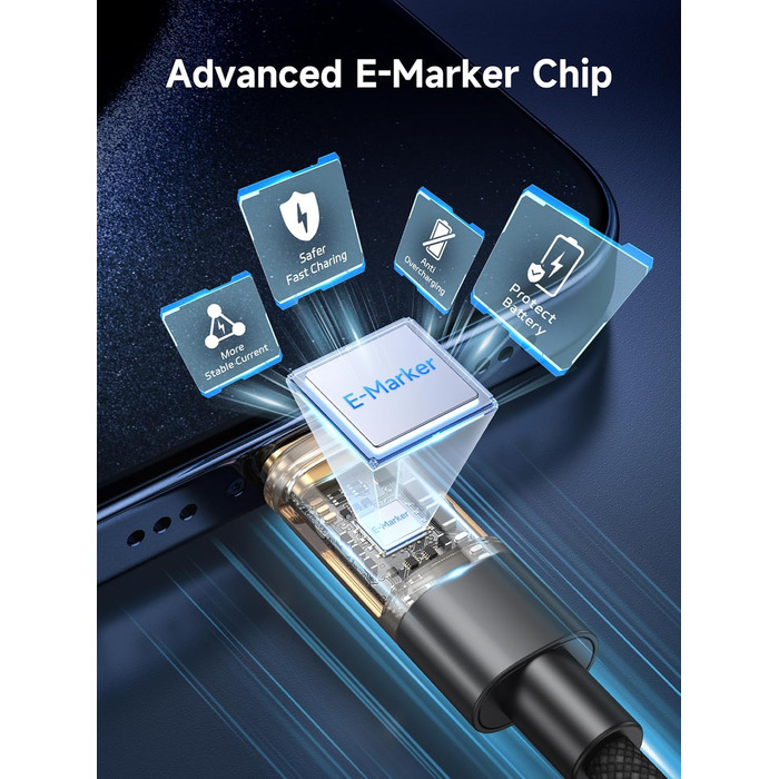 Кабель USB-C RAVIAD: Швидка зарядка PD3.1, нейлон, 0.5м, 240W, чорний. Сумісний з iPhone, Galaxy, Pixel, iPad, MacBookAir