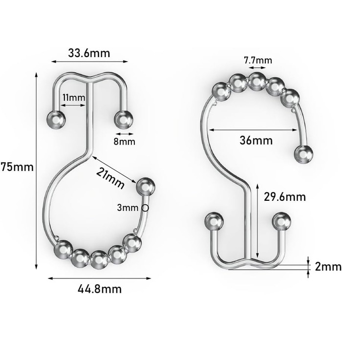 Регульована вигнута штанга для душу 107-182 см з 12 кільцями для душу - для ванної, гардеробу, кухні. Легка установка, хром.