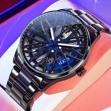 Чоловічий годинник OLEVS Quartz (9937 Blau) — Спортивний сталевий годинник з дизайном автоколеса, водонепроникний, з підсвічуванням циферблата