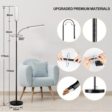 LED-стельова лампа Marctronic для вітальні, диммування, регулювання висоти, 18W, 1800LM, з пультом та сенсором, сучасний дизайн, для офісу, спальні (чорний)