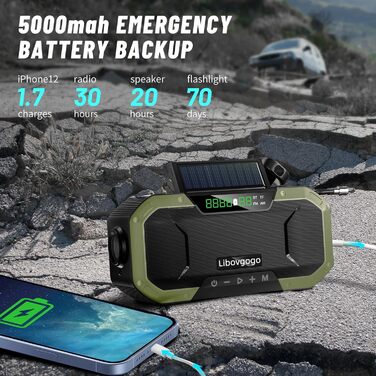 Радіоприймач аварійний водонепроникний з Bluetooth, ліхтарем, сонячною панеллю та зарядним пристроєм 5000mAh (зелений)
