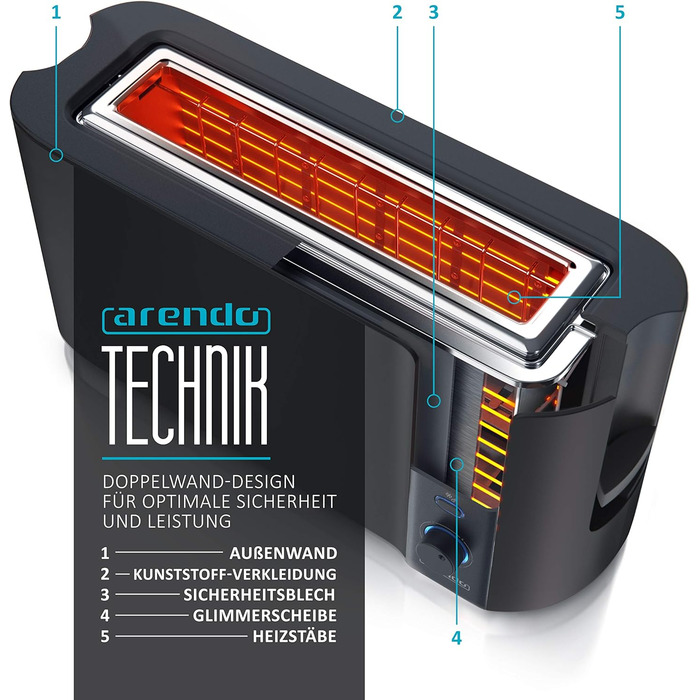 Arendo - 2-Slice Long Slot Toaster - Defrost Function - 1000 W - Double-walled Housing - Integrated Roll Attachment - Browning Levels 1-6 – Display with Remaining Time Indicator - Stainless Steel Black Matte A: Black Matte