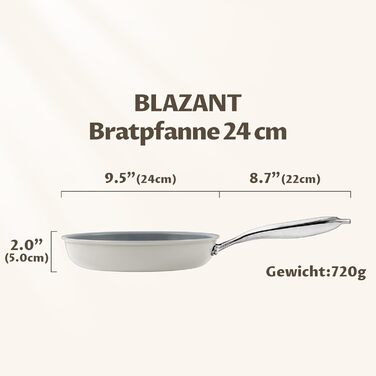 Сковорода BLAZANT для індукції 24 см з антипригарним керамічним покриттям, сіра. Підходить для всіх плит, духовки, з чавунною ручкою