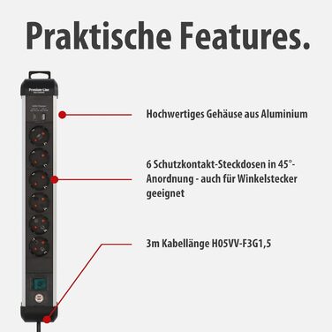 Мережевий фільтр Brennenstuhl Premium-Alu-Line на 6 розеток з USB (USB-C PD 30W та USB-A 18W), 3м, алюмінієвий корпус, з вимикачем, Made in Germany