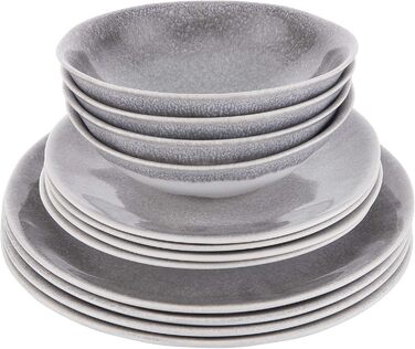 Набір посуду BUTLERS Atlantis 12 предметів з каменю (тарілки та миски) | Сірий посуд для 4 осіб | Мікрохвильова та посудомийна машини | Boho-стиль