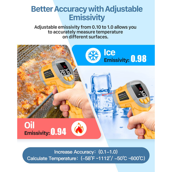 Інфрачервоний термометр Eventek -50°C ~ 600°C з лазером, регулюванням випромінювання та LCD-дисплеєм для гриля, піци, кухні та промисловості (жовтий)