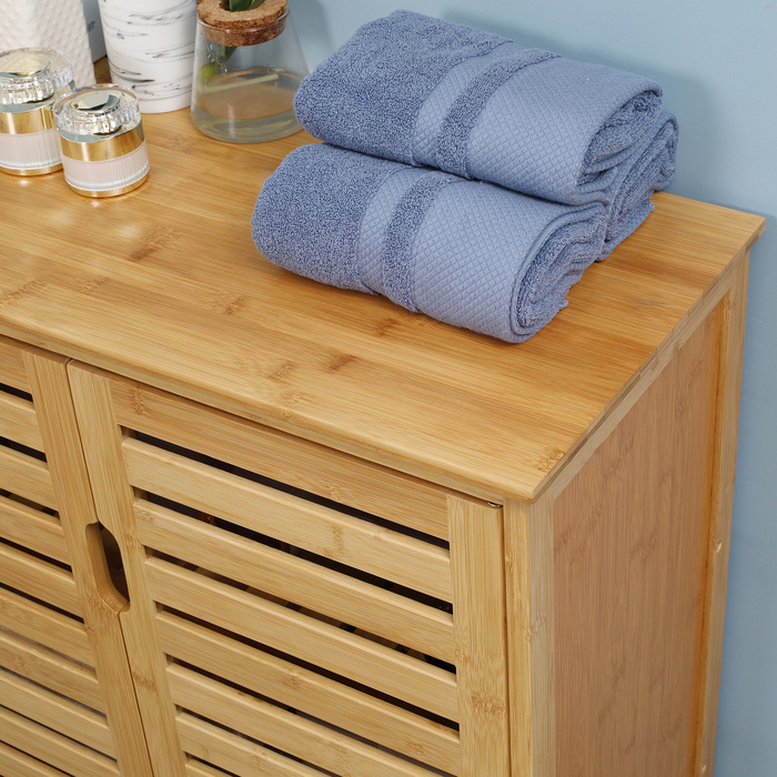Kleankin Bathroom Cabinet, Vanity Storage Cabinet, Sideboard with 2 Slatted Doors, 2 Interior Shelves, Bamboo Storage Cabinet for Bathroom, Living Room 68 x 32 x 86 cm Natural | Aosom