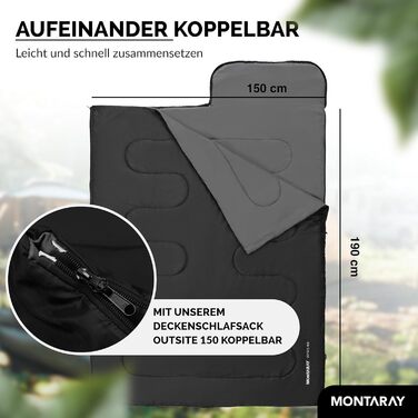 Montaray® Hooded Sleeping Bag -3°C - Outdoor Winter & Summer Sleeping Bag for Men & Women - 3-4 Season, 75x220cm, Hut Sleeping Bag, Black, 280GSM