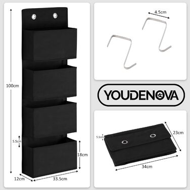 Органайзер для дверей Youdenova з 4 кишенями та 2 гачками, настінна полиця-органайзер для ванної, спальні, дитячої кімнати, чорний