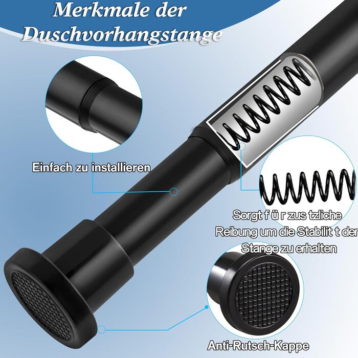 Штанга для душу без свердління 73-224 см, висувна штанга для ванної кімнати, чорна