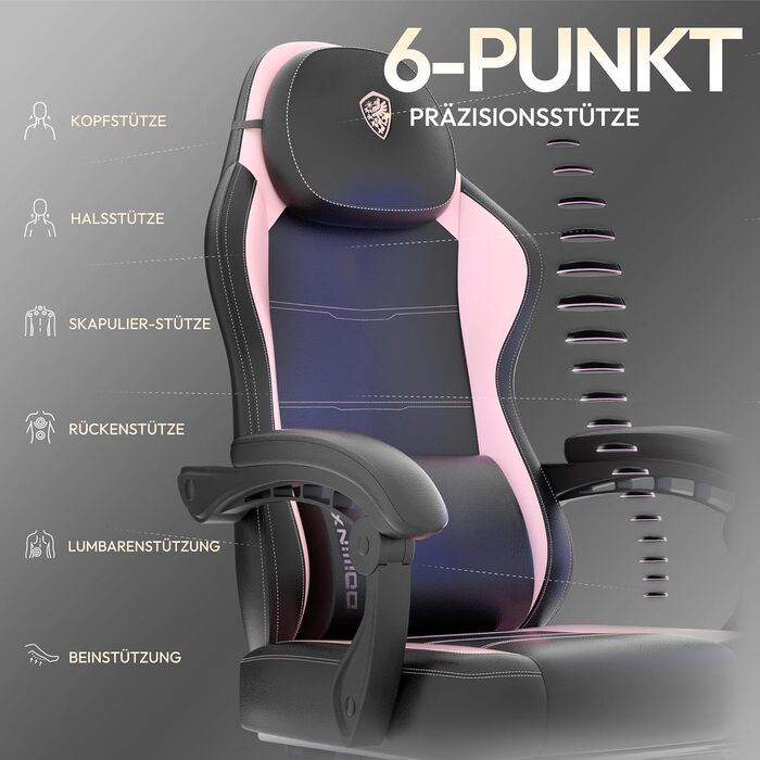 Ігровий крісло Dowinx з PU-шкіри, ергономічний, з підтримкою попереку, для ПК, до 150 кг, рожевий