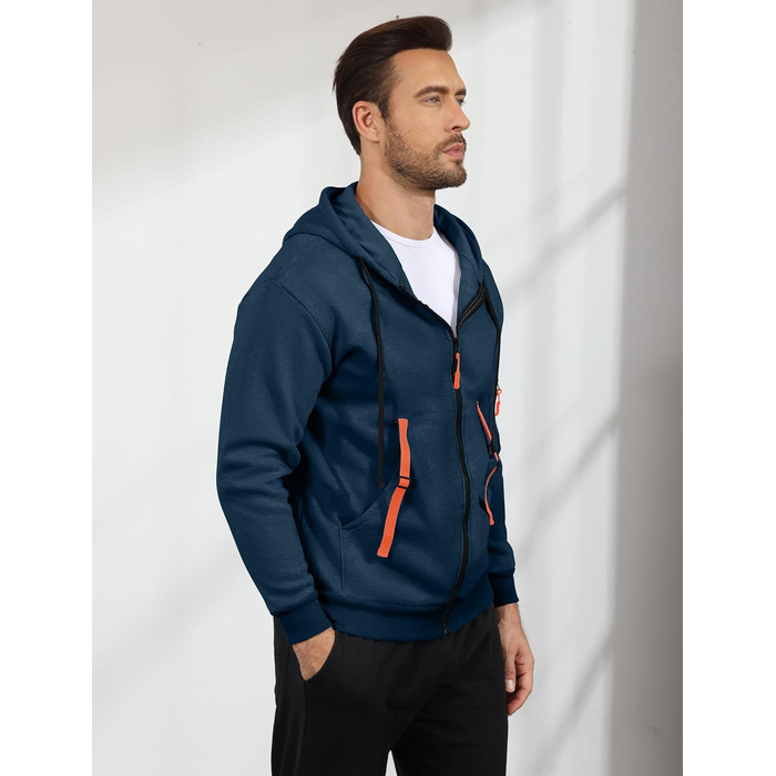 Світшот з капюшоном Aulemen для чоловіків з блискавкою, лангрукавний, з кількома кишенями, Slim Fit, для повсякденного носіння та спорту (Синій, XL)