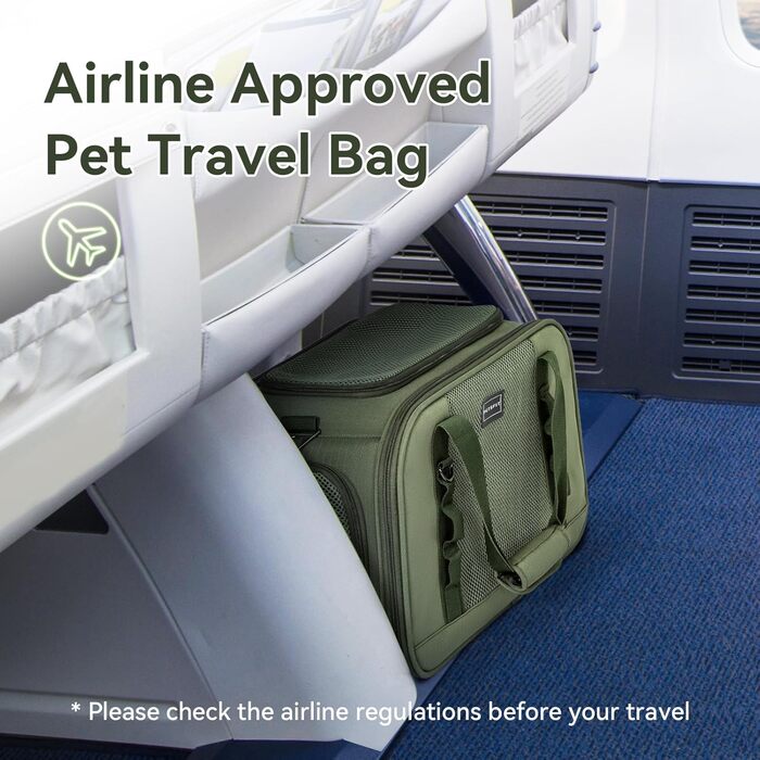 Транспортна переноска для кота та собаки Petsfit - міцна, дихаюча, з ковдрою та ручкою-телескопом, оливковий (49x23x28 см)