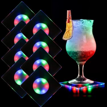 MEDOYOH Square Cool White LED Coasters for Drinks, ON/Off Switch Drink Coasters Set, Waterproof Coasters Glowing for Glasses Bottles Parties Weddings Bar Christmas (Colorful LED, 8-Piece Set)
