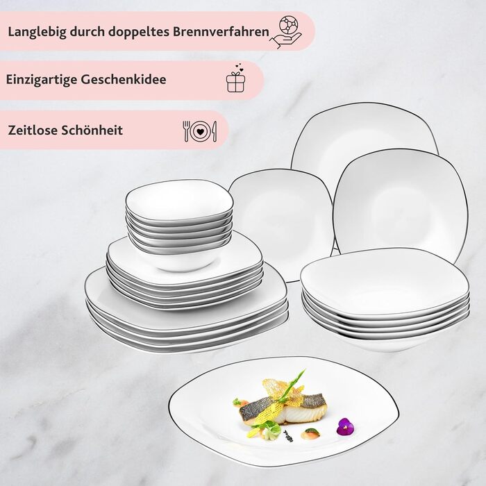 SÄNGER | 24-Piece Bilgola Black Rim Porcelain Dinnerware Set for 6 People, Dish Set Dishwasher Safe, Dinnerware with Dinner Plates & Bowls, White Dishware with Black Accents
