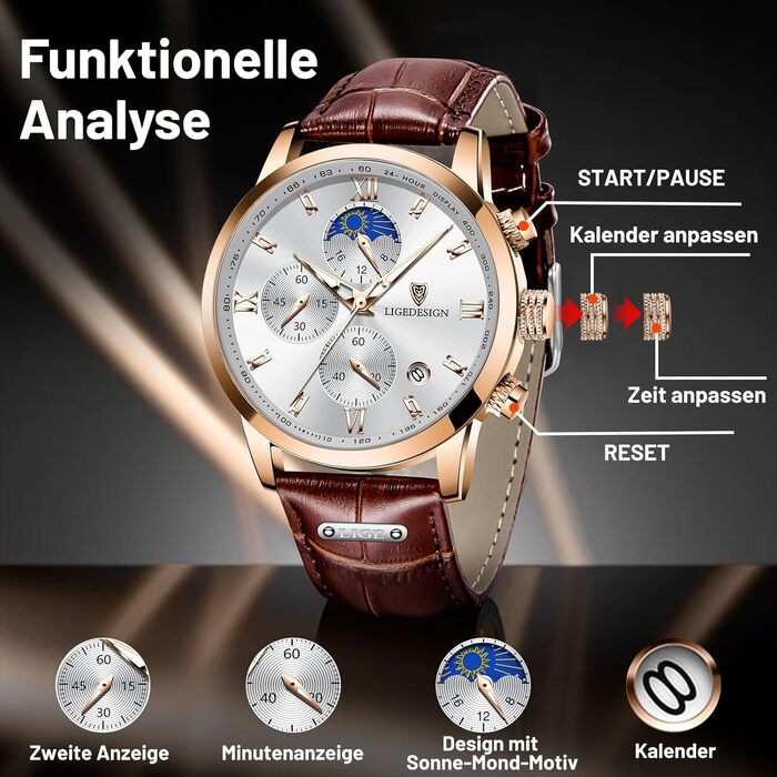 Годинник чоловічий LIGE, Хронограф, Аналоговий кварц, Ремінець з шкіри, Календар, Світлодіодна підсвітка, 3ATM водостійкість, Бізнес-годинник для відпочинку (Коричневий)