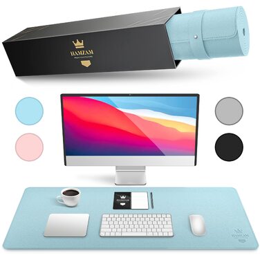 Підкладка на стіл HAMZAM PU Leder 90x40 см, преміум, блакитна - з функцією килимка для миші, для офісу та дому