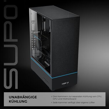 Корпус для ПК Lian Li SUP-01X, трикамерна система охолодження, підтримка GPU до 400мм та радіаторів 360мм, 3 вентилятори 120мм, загартоване скло, чорний
