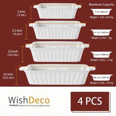 Набір форм для запікання (4 шт.), прямокутні, кераміка, для лазаньї, з ручками, жаростійкі, підходить для мікрохвильової печі та мийки