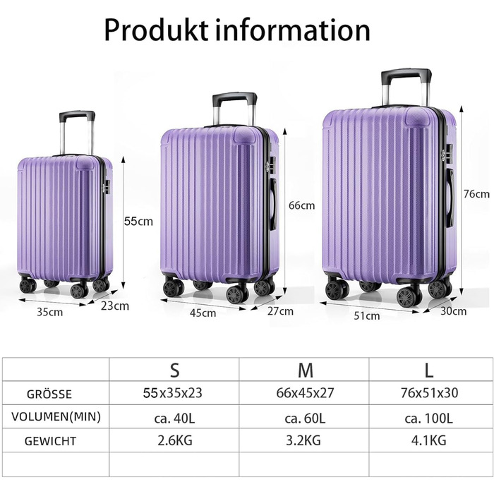 Набір валіз 3 в 1, жорсткий корпус, темно-зелений (з темно-зеленим та світло-фіолетовим)