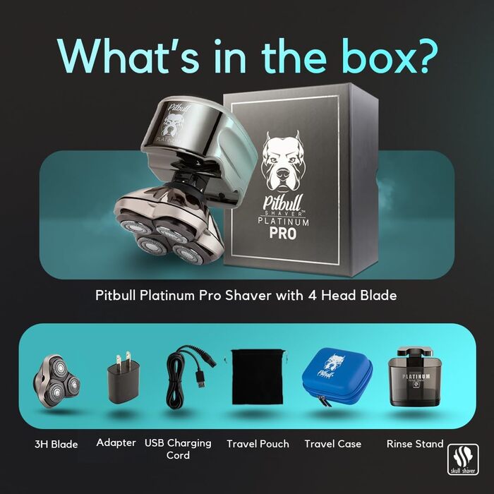 Skull Shaver Pitbull Platinum Pro - Електрична бритва для гоління голови чоловіча, бездротова, водонепроникна, з підставкою для промивання та кейсом для подорожей + запасне лезо (2024)