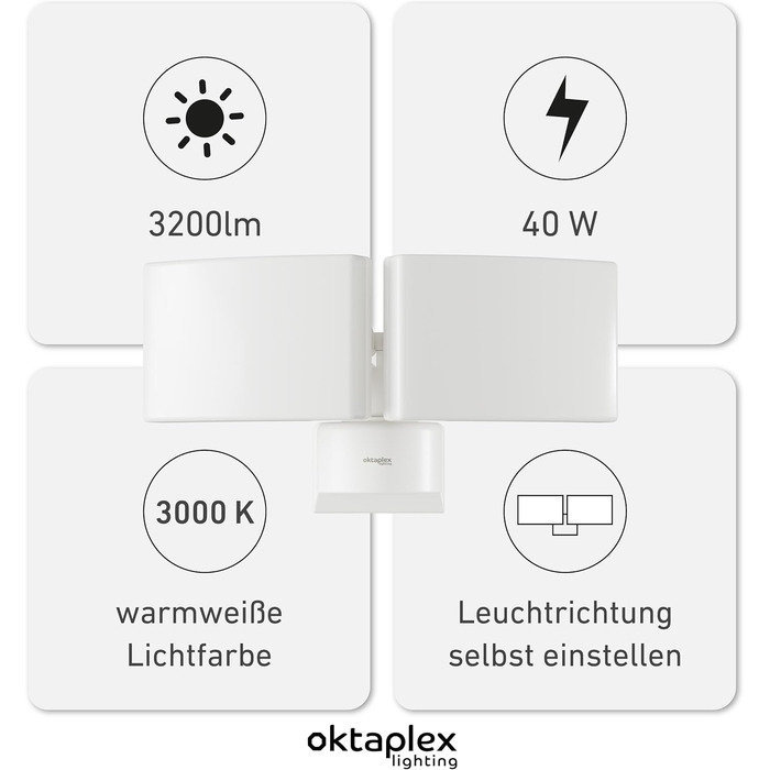 Oktaplex Cali Dos Outdoor Lamp, rotatable/tiltable, 3000K Warm White, 40W Wall Lamp, IP65 LED Outdoor Steel Housing, White, 230V Outdoor Light