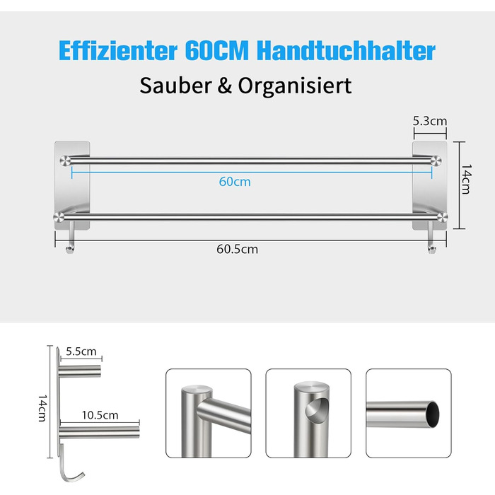 Тримач для рушників без свердління, 60 см, самоклеючий, з гачками, нержавіюча сталь, вологостійкий, для ванної кімнати та кухні, срібляний